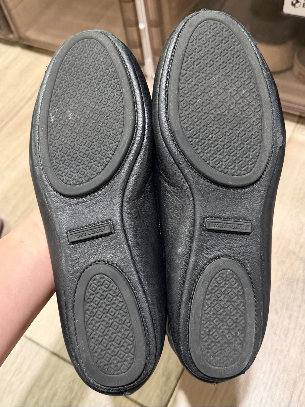 Tory Burch Black Leather Ballet Flats with Gold Logo Medallions